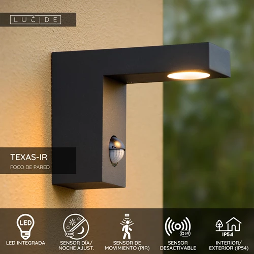 Lucide TEXAS-IR - Foco de pared / Lámpara de pared Dentro/Fuera - LED - 1x7W 3000K - IP54 - Sensor movimiento & día/noche (desactivable) - Antracita - USP